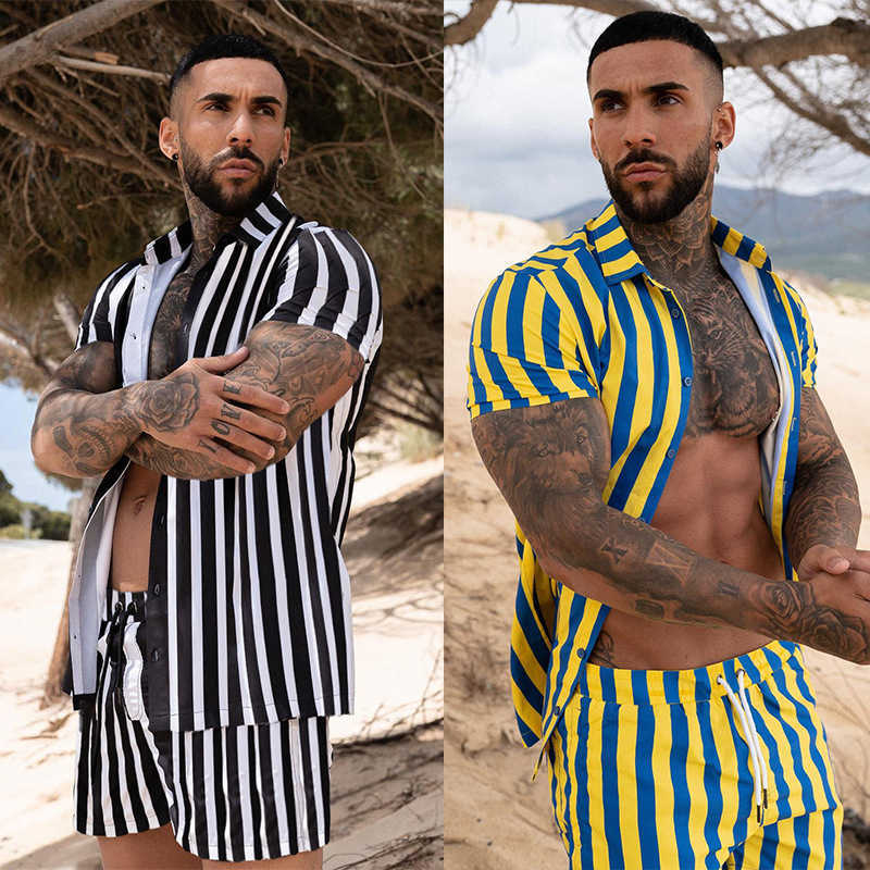 

Striped Men Rompers Short Sleeve Streetwear Shorts Lapel Jumpsuit Button Drawstring 2021 Summer Fashion Casual Men' Playsuit Y0831, Yellow