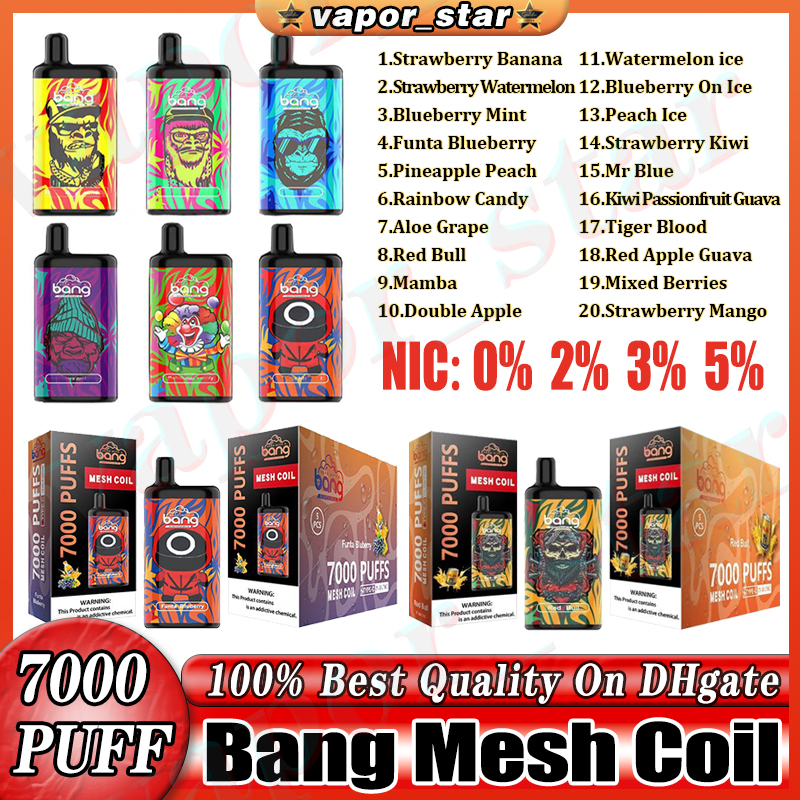 

Original Bang Mesh Coil 7000 Puffs Disposable Vape Puff 0% 2% 3% 5% Pod Puff 7000 E cigarette devices rechargeable Battery 850mAh 15ml Prefilled Cartridge Box Kit