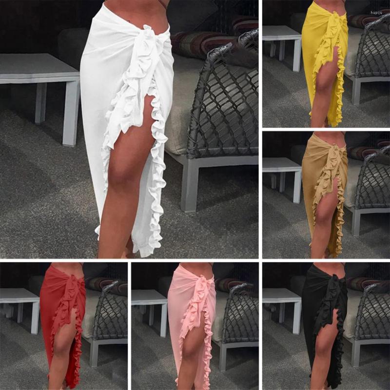 

Women's Swimwear Women Beach Skirt Ruffle Breathable High Split Lace Up Beachwear Sunscreen Mid-calf Length Lady Bikini Pool Party Clothes, Khaki
