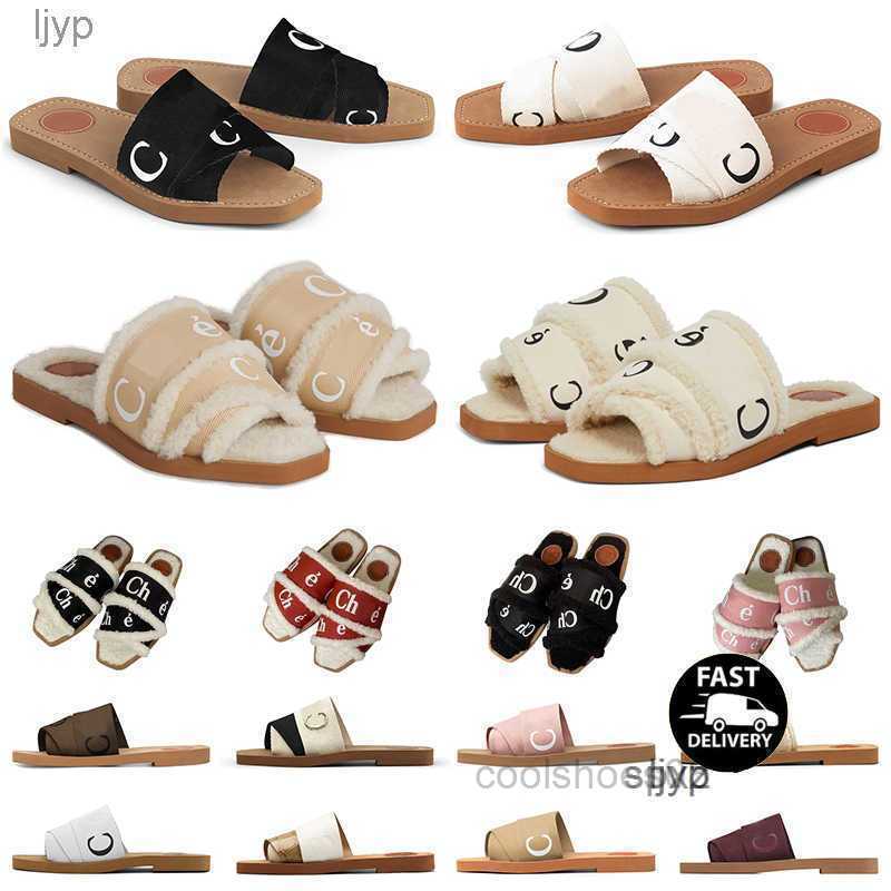 

Men Women Slides Sandals Designer Slippers Woody Flat Mule in Canvas Shearling-lined White Black Grey Green Fur Mens Summer Sandal Fashion, Item #12