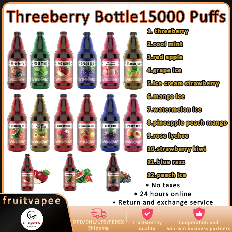 

Original 15000 Puffs Disposable E Cigarette Threeberry Bottle Disposables Vapes With Mesh Coil 600mah Rechargeable Battery 22ml Puff 15k Vape Pen voopoo