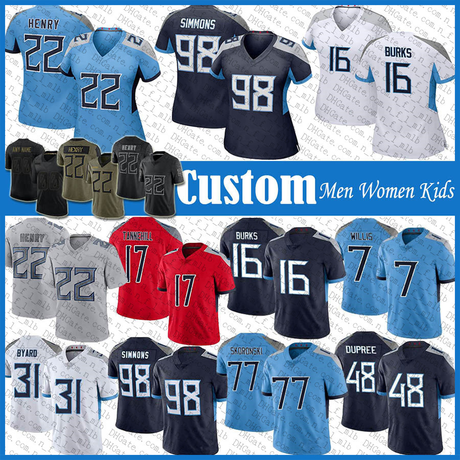 

Custom Peter Skoronski Derrick Henry Football Jersey Treylon Burks Jeffery Simmons Kevin Byard Ryan Tannehill Malik Willis Aaron Brewer Denico Autry Rashad Weaver, Shown