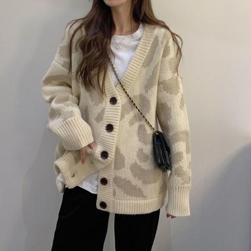 

Sweaters Deeptown Korean Style Beige Leopard Print Cardigan Knitted Sweater Women Harajuku Long Sleeve Oversize Jumper Female Winter Tops