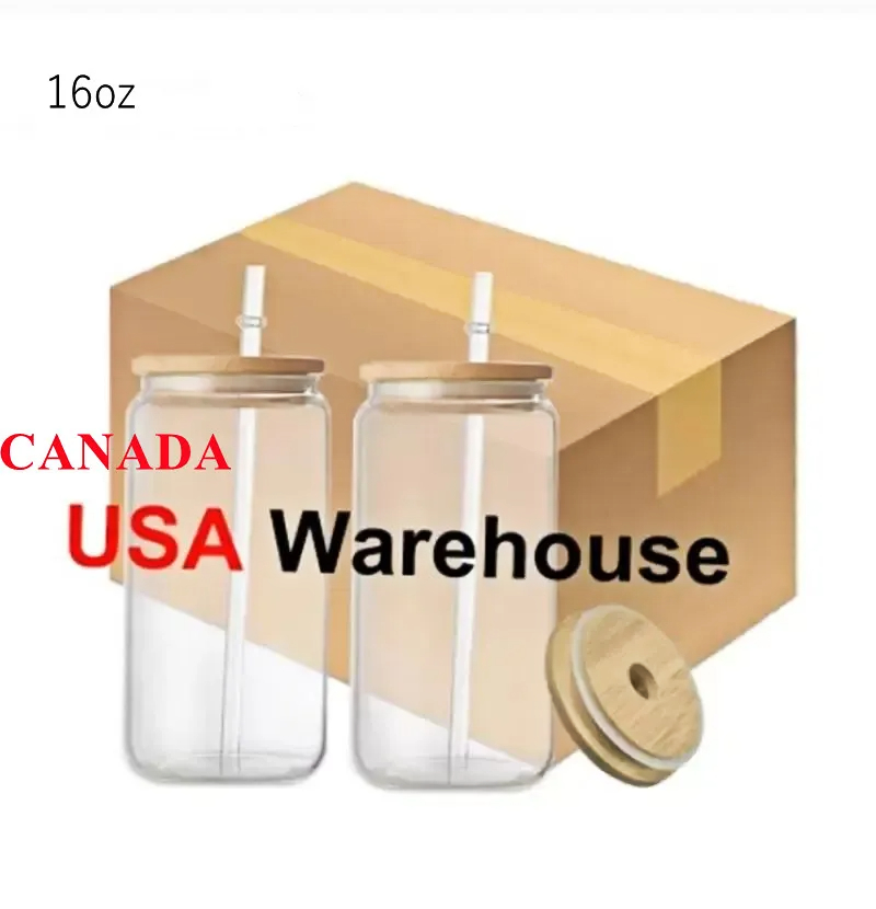 

USA/Canada Warehouse 16oz DIY Sublimation Glass Beer Mugs Blanks Water Bottles Beer Can Iced Coffee Tumblers Drinking Mason Jars With Bamboo Lids And Reusable Straw, Multi-color
