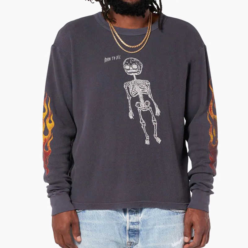 

Designer Clothing Hoodies Fashion Streetwear Galleryes Depts 22aw Flame Skull Graffiti Printed Vintage Waffle Round Neck Long Sleeve Tshirt Rock Sweatshirts Hip h, Shipping fee