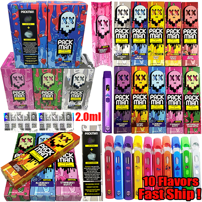 

Pack Man Disposable E Cigarettes Live Resin Vape Pen 2.0ml 10 Flavors Kits Vaporizer Rechargeable Device Pods Ceramic Coil Oil Carts Empty Wax Cartridges Packaging