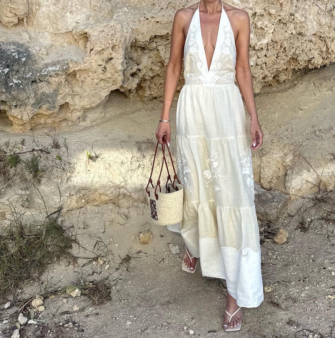 

Australian designer dress linen floral embroidery halter long dress, Beige