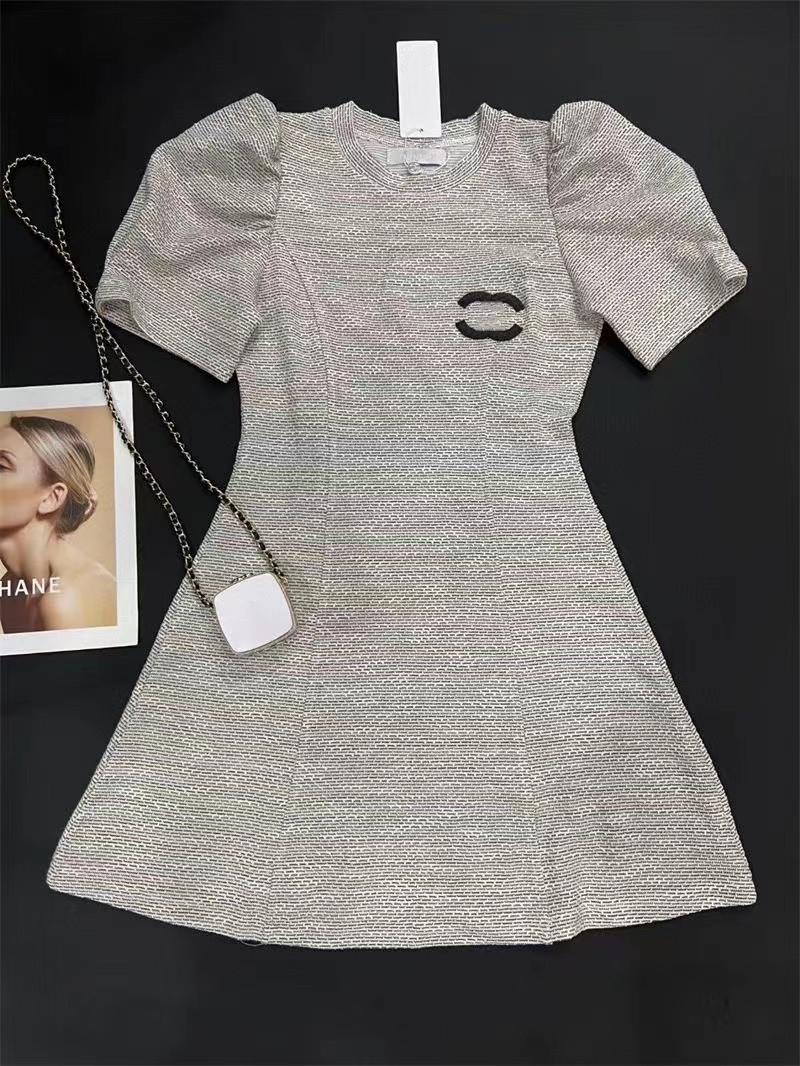 

Designer's New 23CC Luxury Bubble Sleeve Dresses Fashion Empire A Crewneck Grey Senior Sense Summer Casual Dresses, Gray