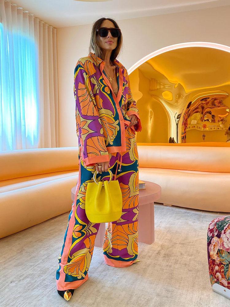 

Pants Two Piece Set Women Abstract Print Long Sleeve Lapel Button Down Shirts + Wide Leg Loose Pants Y2K Aesthetic Autumn Pant Outfits, Orange