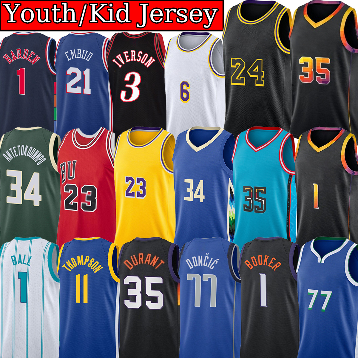 

Embroidered Stitched Youth kids Basketball Jersey lEbron 6 jaMes 23 bRyant Stephen Curry mIchael Bird Durant Iverson Embiid Giannis Antetokounmpo Kid Jersey, Youth/kid jersey