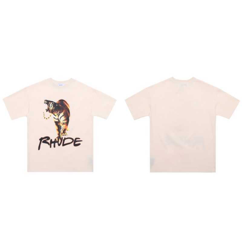 

Designer Rhude T shirt for sale Chaopai New Tiger Print High Street Fashion Loose Oversize Couple YYZP RHUDE Short Sleeve T shirt, Apricot