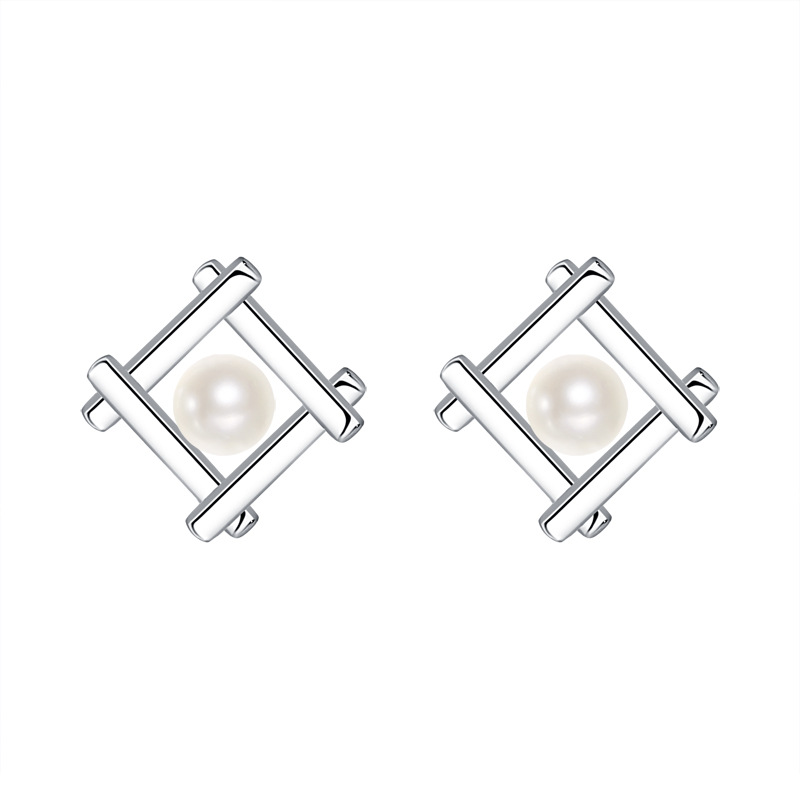 

Square Geometric Pearl Stud Earrings Silver 925 Real Fine Jewelry For Woman Y2K Fashion Kpop Accessory Personalized Gift Female
