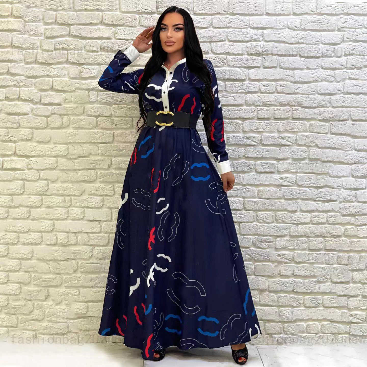 

Woman Designer Luxury Channel Classic Womens Dress Female Luis Skirt Ladys Versages Standing Neck Shirt Style Large Swing Long Dress