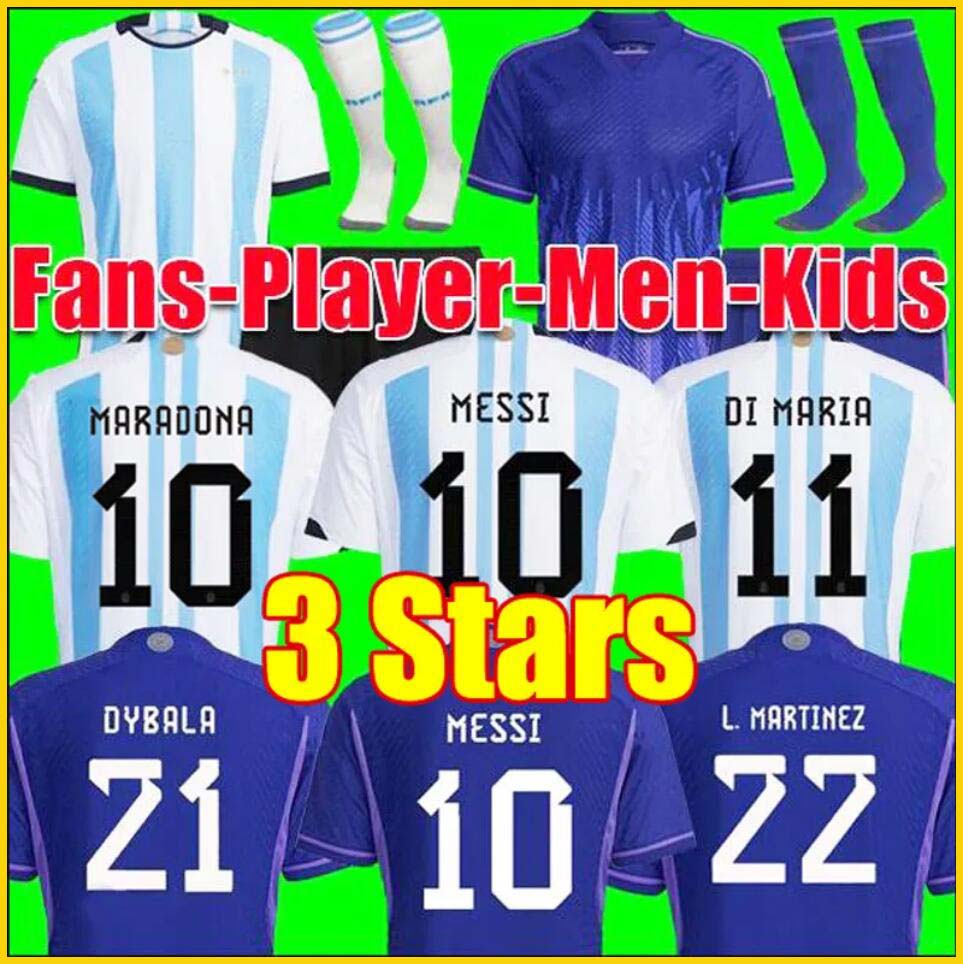 

Argentina 3 stars soccer Jerseys Fans player version 2022 DYBALA MARTINEZ Maradona de paul football shirt 22 23 Men women Kids MESSIS sets uniforms di maria, 2022 home-3 stars champion world cup