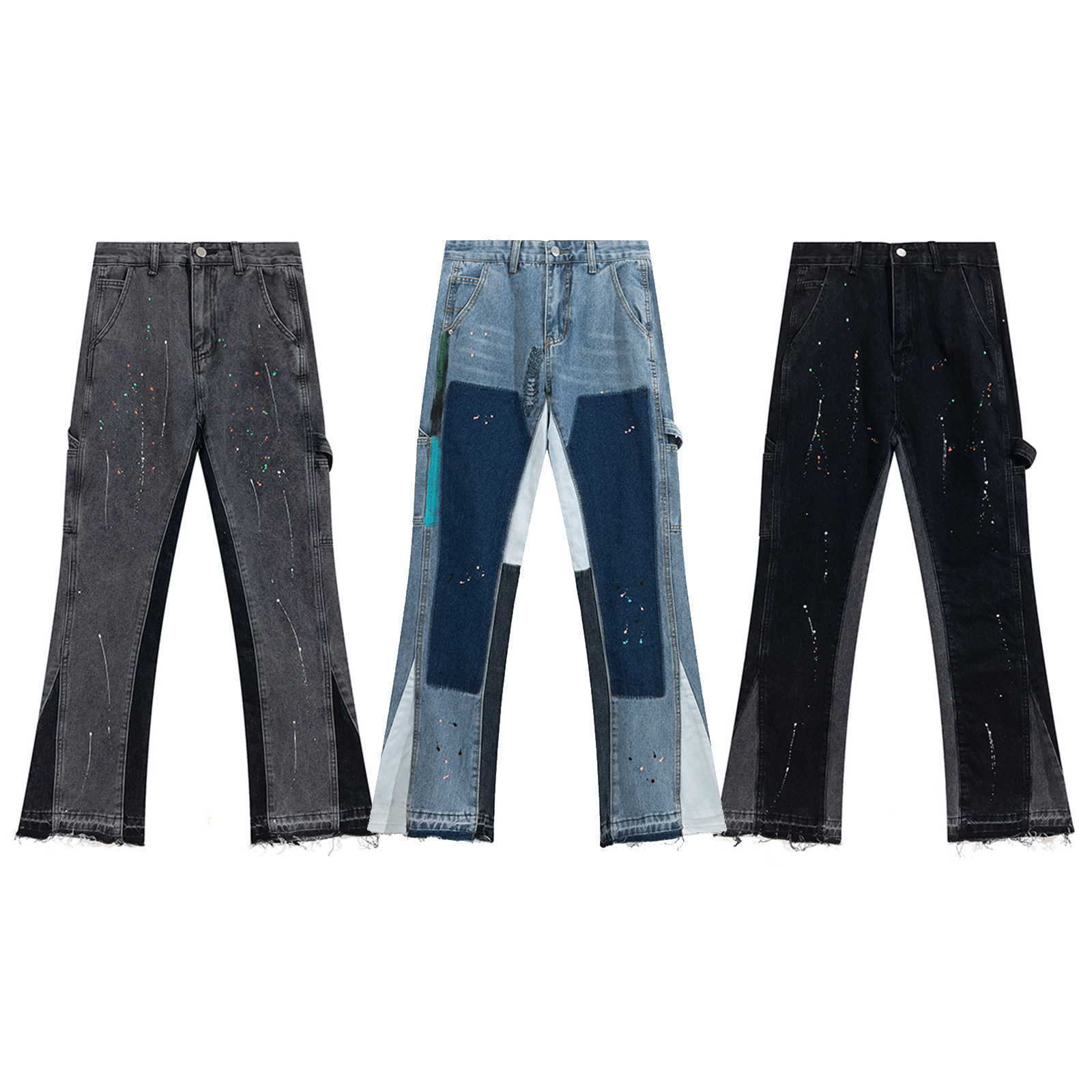 

Designer Clothing Denim Pants Galleryes Depts Deconstructed Splice Speckle Flare Pants High Street Casual Men's Women's Raw Edge Denim Pants Hip hop Trousers, Blue