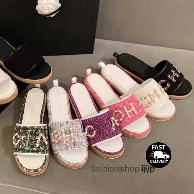 

35-41 Sizes Women Tweed Leather Straw Woven Slides Sandals Slip on Wedge Flats Fashion Beach Mule Brand Flip Flops Casual Slides Shoes Platform Chain Rubber Slider, Fill postage