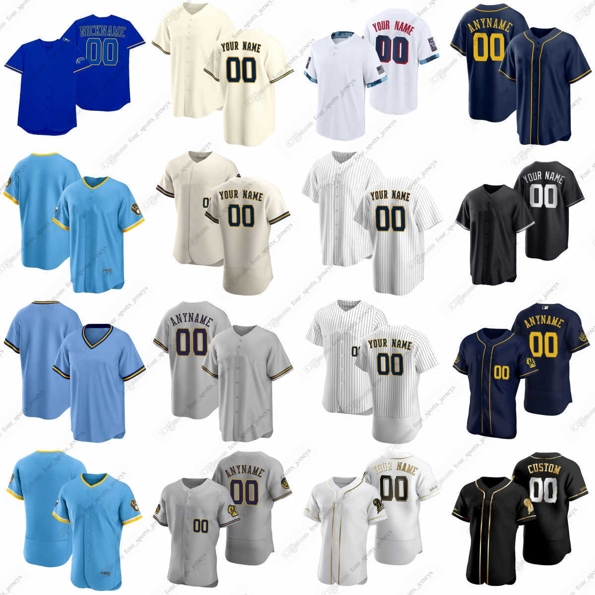 

2023 Custom Brewers Yelich Baseball Jerseys Wiemer Turang Cain Burnes Claudio Cousins Lauer Miley Milner Payamps Peguero Peralta Rea Strzelecki Williams, Men sizes--6xl