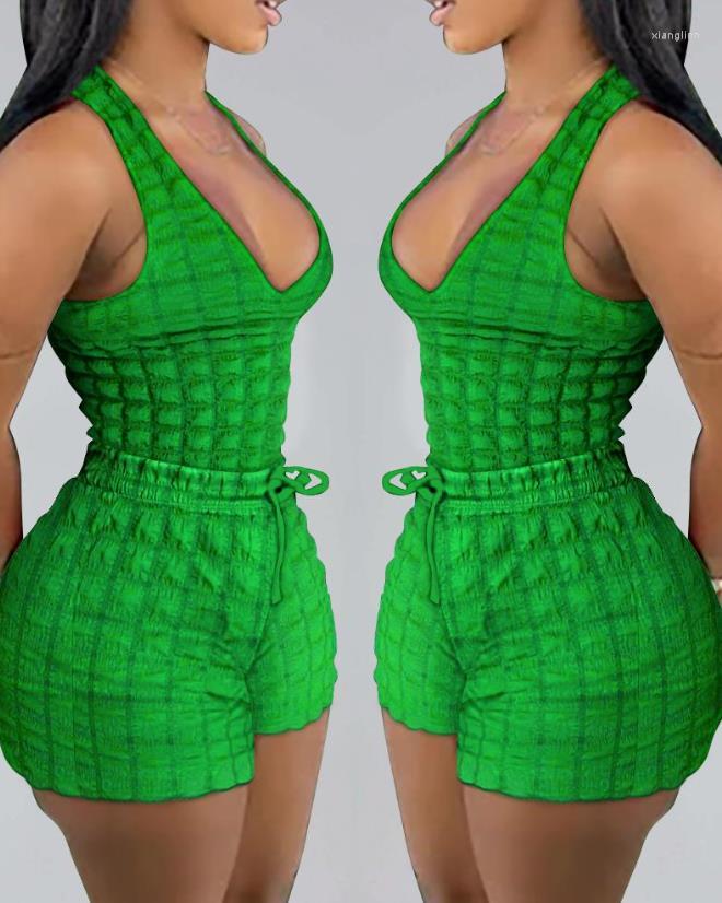 

Women' Tracksuits 2023 Spring And Summer Selling Solid Color Fashion Women' Textured Casual Tank Top Drawstring Shorts Two Piece Set