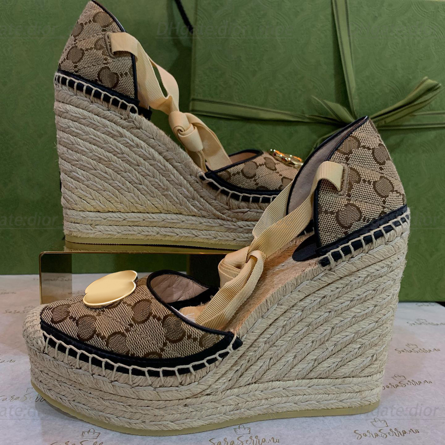 

2023 new high-heeled sandals thick shoes designer wedge canvas shoes bottom light twine braided cross ribbon tie leather sandal man slipper with dust bag, #7