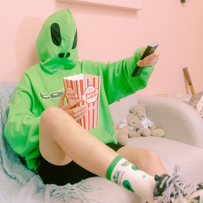 

Women's Hoodies Women Man Alien Print Full Zip Up Winter Vintage Top Grunge Coats Jacket Oversized Gothic Y2k Clothes Hoodie Sweatshirts, Black