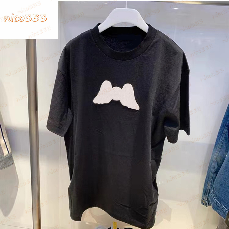 

23ss new t shirt flocked wings angels letter print pattern cotton loose round neck hundred casual short sleeved men and women, #03