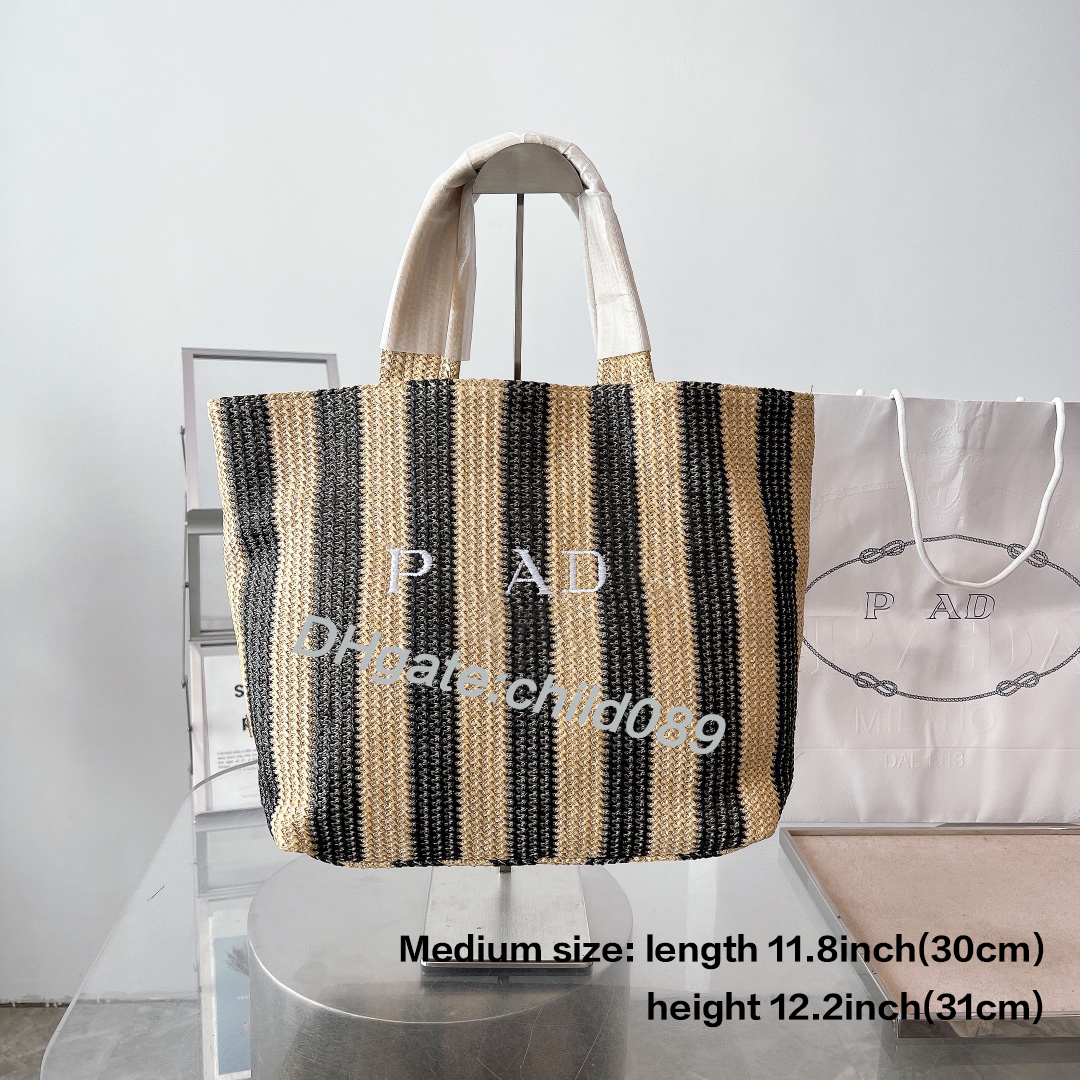 

New Summer Beach Bag Lafite Straw Woven Bag F Tote Bags Large Capacity Vegetable Basket Unisex Shopping Handbag Multiple Styles and Sizes Refresh and Practical, Black