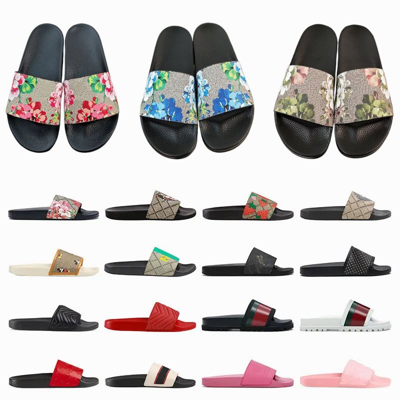 2023 pantoufles de créateurs hommes femmes diapositives avec carte de sac à poussière chaussures noir floral fraise impression web glissière en c