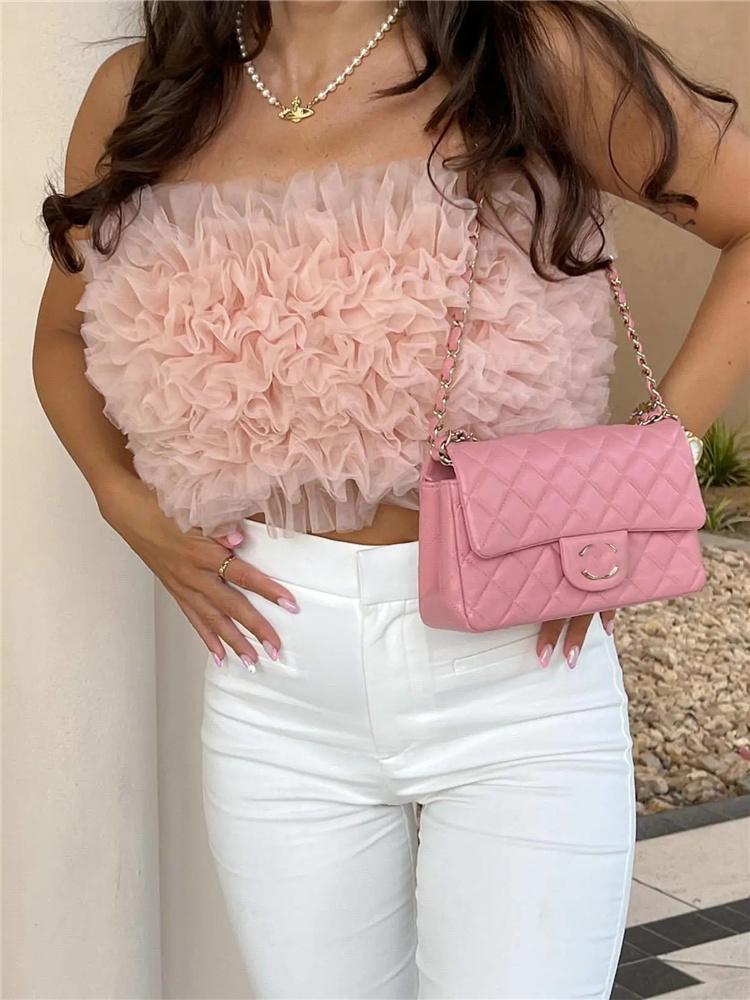 

Tanks Woman Sweet Pink Strapless Mesh Cropped Tops 2022 Summer Female Sweet Knit Elastic Party Tops Ladies Elegant Zipper Short Tanks