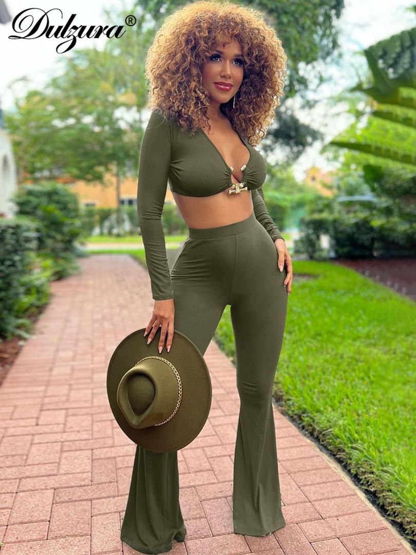 

Pants Dulzura Sexy Y2K Clothes 2 Pieces Long Sleeve VNeck Crop Top High Waist Skinny Flare Pants Matching Set Club Streetwear Outfits, Army green