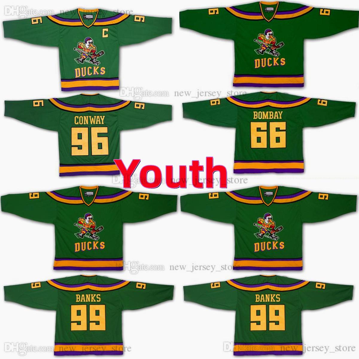 

CUSTOM Youth Kids Mighty Ducks Movie Hockey Jersey #96 Charlie Conway #99 Adam Banks #66 Gordon Bombay Jerseys Stitched Green, Kids size