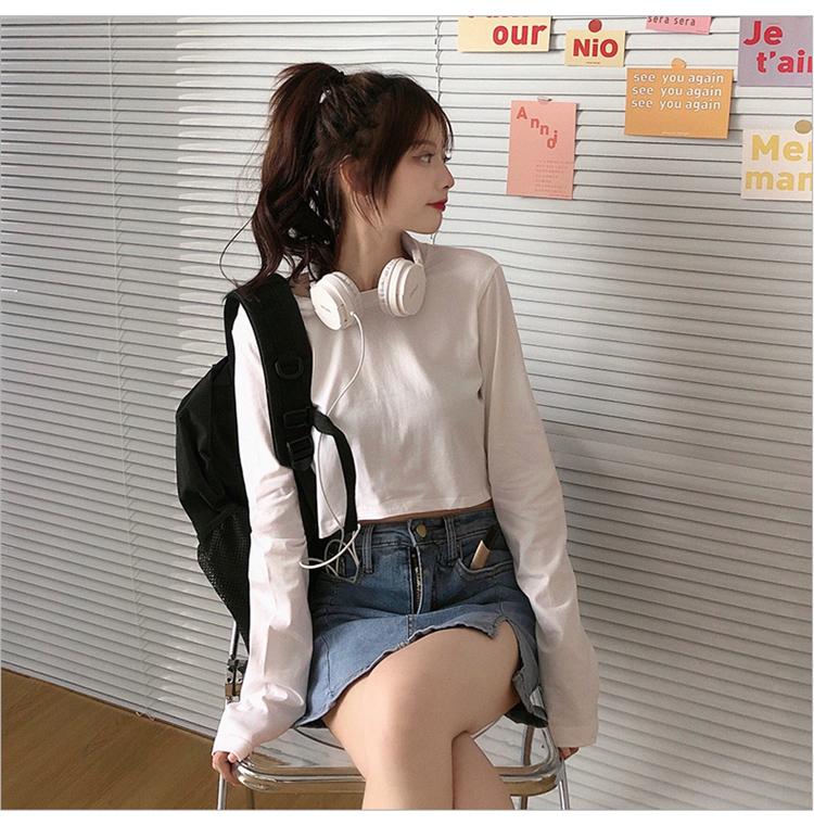 

Polos 2020 Autumn wear Super hot solid color round neck dress college style short long sleeve super sweet lovely girls Tshirt, Blue