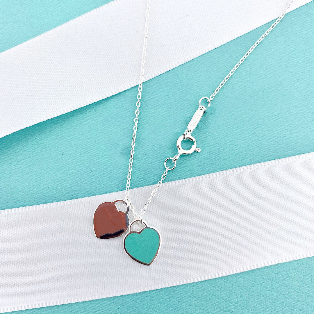 

Designer Double Love Necklace S925 Sterling Silver Collarbone Chain Short Blue Pink Trendy Fashion High Quality Gift For Girlfriend