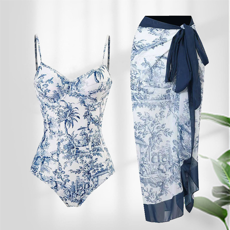 

Women's Swimwear Suit Women Sexy Porcelain Print Bikini Set Skirt Cover Up Lace Swimsuit Beachwear Biquini HT2404, As the picture