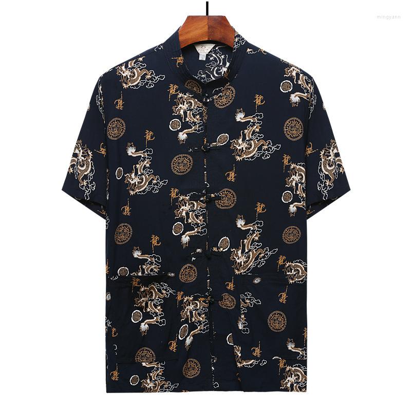 

Men's T Shirts Middle-Aged And Elderly Cotton Short-Sleeved Tang Suit Top Summer Chinese Buckle Dragon Shirt Casual Dad T-Shirts, Black