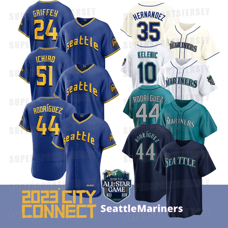 

10 Jarred Kelenic Seattle 2023 City Connect Mariners Jersey All Star Julio Rodriguez Luis Castillo Ty France Teoscar Hernandez Eugenio Suarez Cal Raleigh Crawford, White