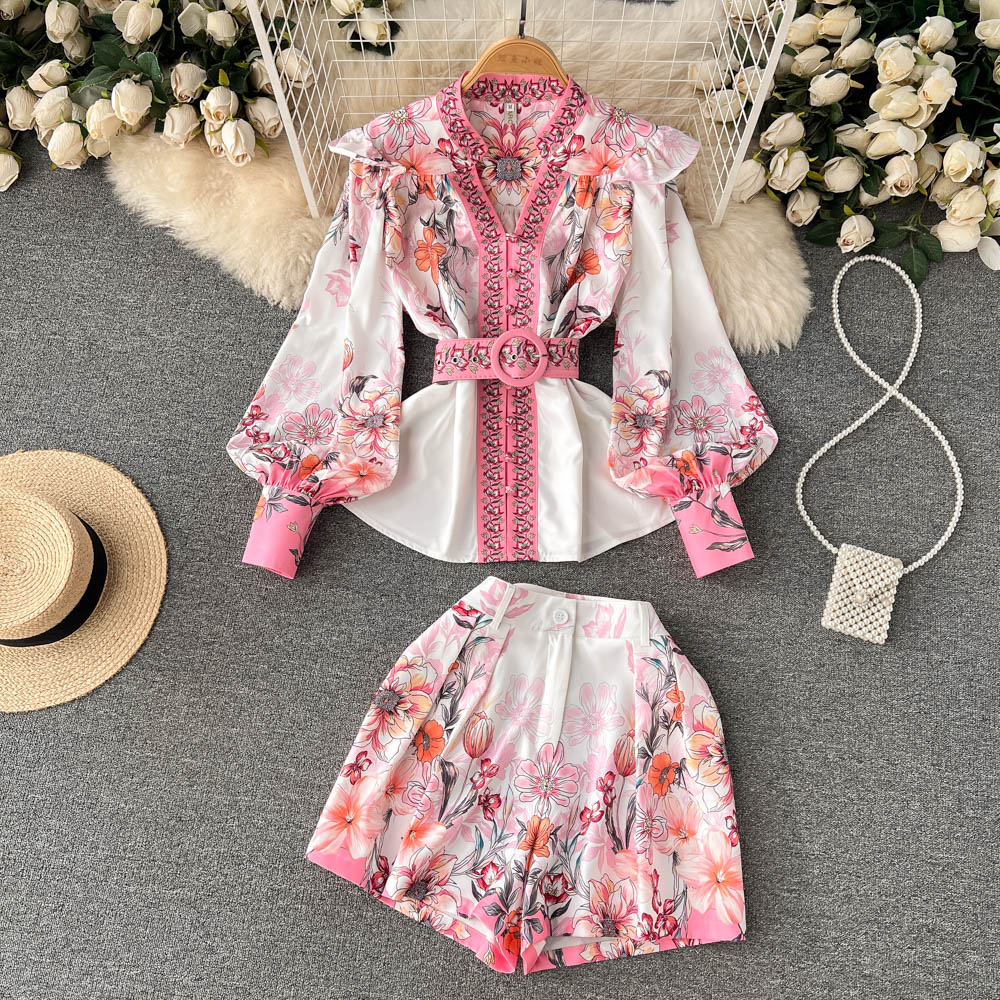 

Two Piece Dress Spring Summer Bohemian Pink Flower Printed Suit Women's V-Neck Lantern Sleeve Chiffon Shirt Top Belt Shorts Two Piece Set 2023, Same as picture