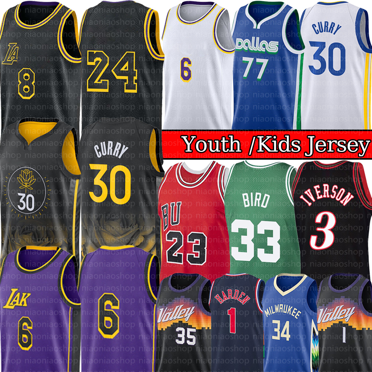 

Stitched Youth kids Basketball Jersey lEbron 6 jaMes 23 bRyant Stephen Curry mIchael Bird Durant Iverson Embiid Tatum Butler Ball Herro Wade''Lakers" Kid Jersey, Youth/kid jersey