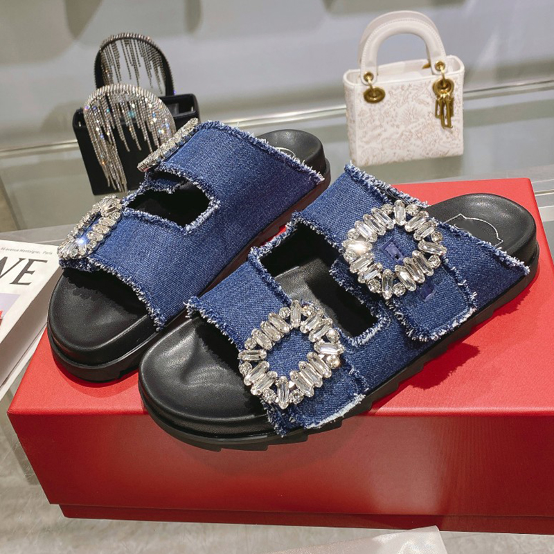 

Flat bottom Slippers Fashion crystal Rhinestone sandal for Women quality Genuine Leather Flash drill Buckle Slides shoes Effortlessly Stylish Slipper, Blue