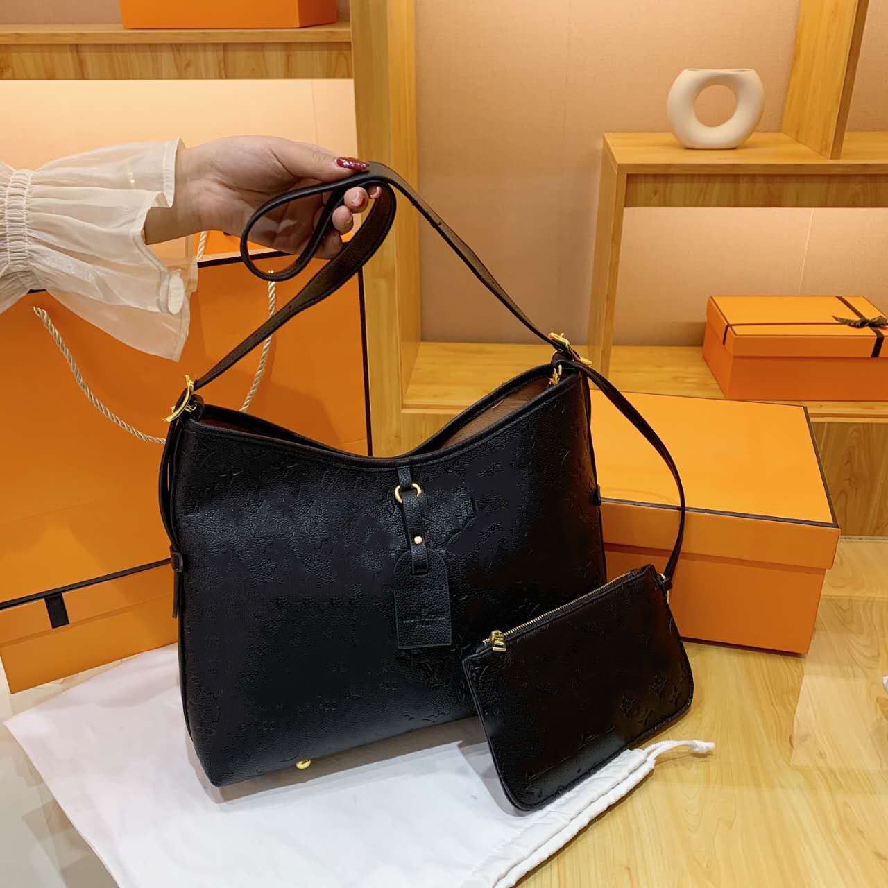 

CARRYALL PM MM mummy bags Ladies vintage canvas embossed leather trim Purse 2PC Mini Pouch Shopping handbags Shoulder cross body Totes M46203 M46197, 7380 brown flower
