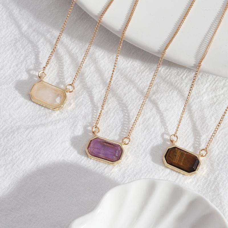 

Pendant Necklaces Simple Rectangle Semi-precious Real Stone Necklace Amethyst Tiger Eye Crystal Quartz Collar Chain Woman Trend Jewelry