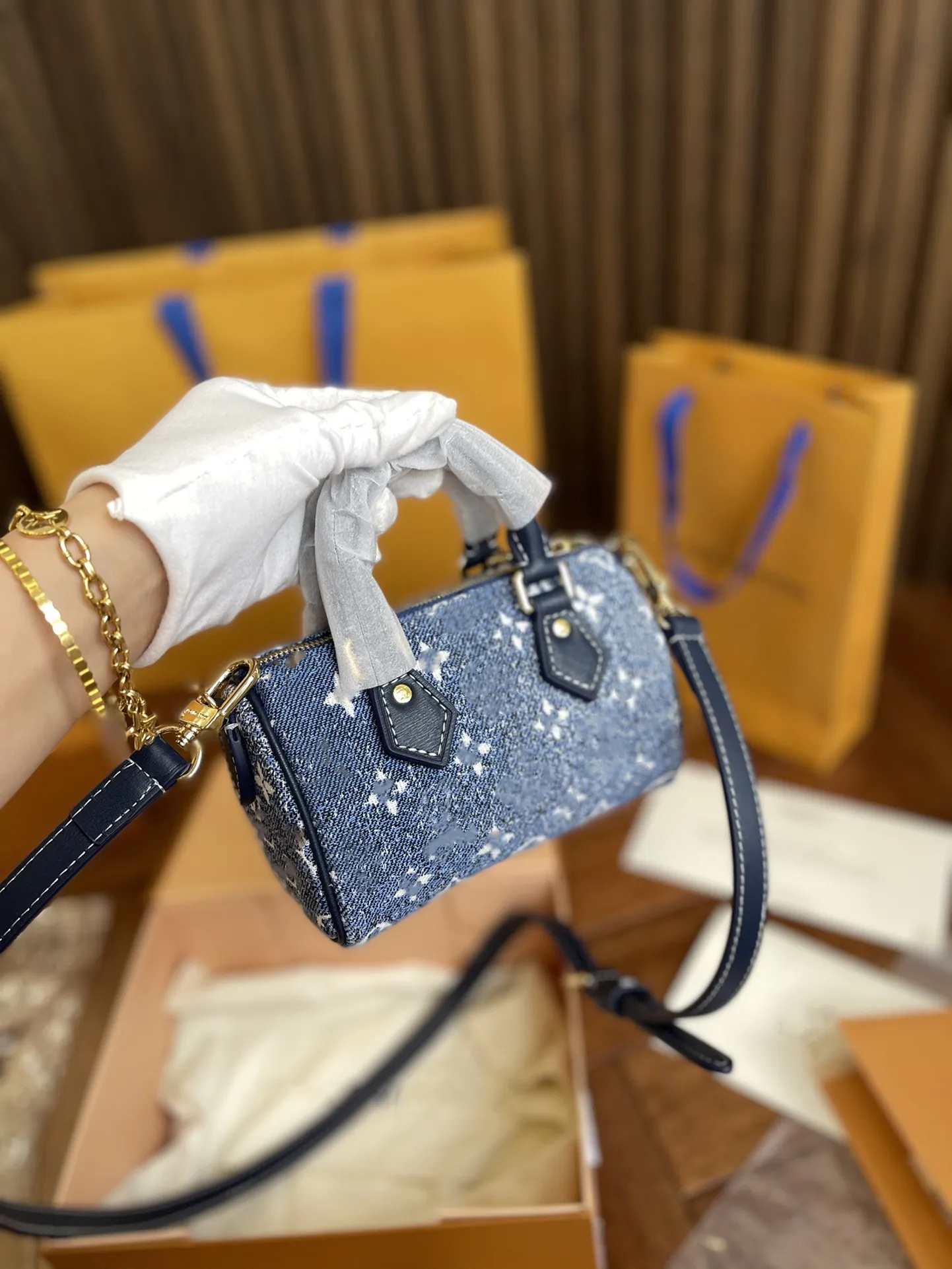 

MT Series Nano Speedy 16cm Boston Pillow bags Womens denim Genuine Leather Retiro Crossbody Shoulder Totes BANDOULIERE Mini Purse Monograms Handbags, Blue