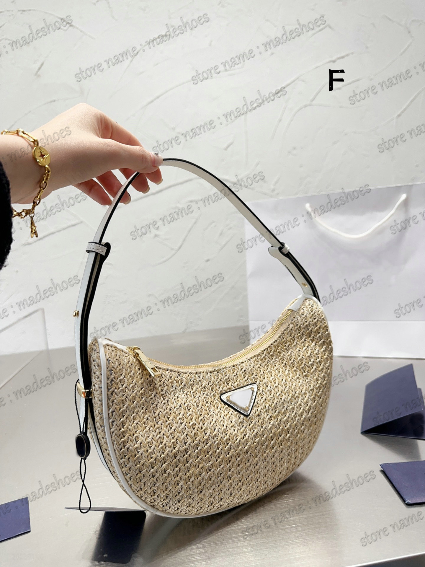 

Luxury Straw Half Moon Bag Woven Underarm Shoulder Bag Fashion Casual Tote Womens Designer Handbag, 1#