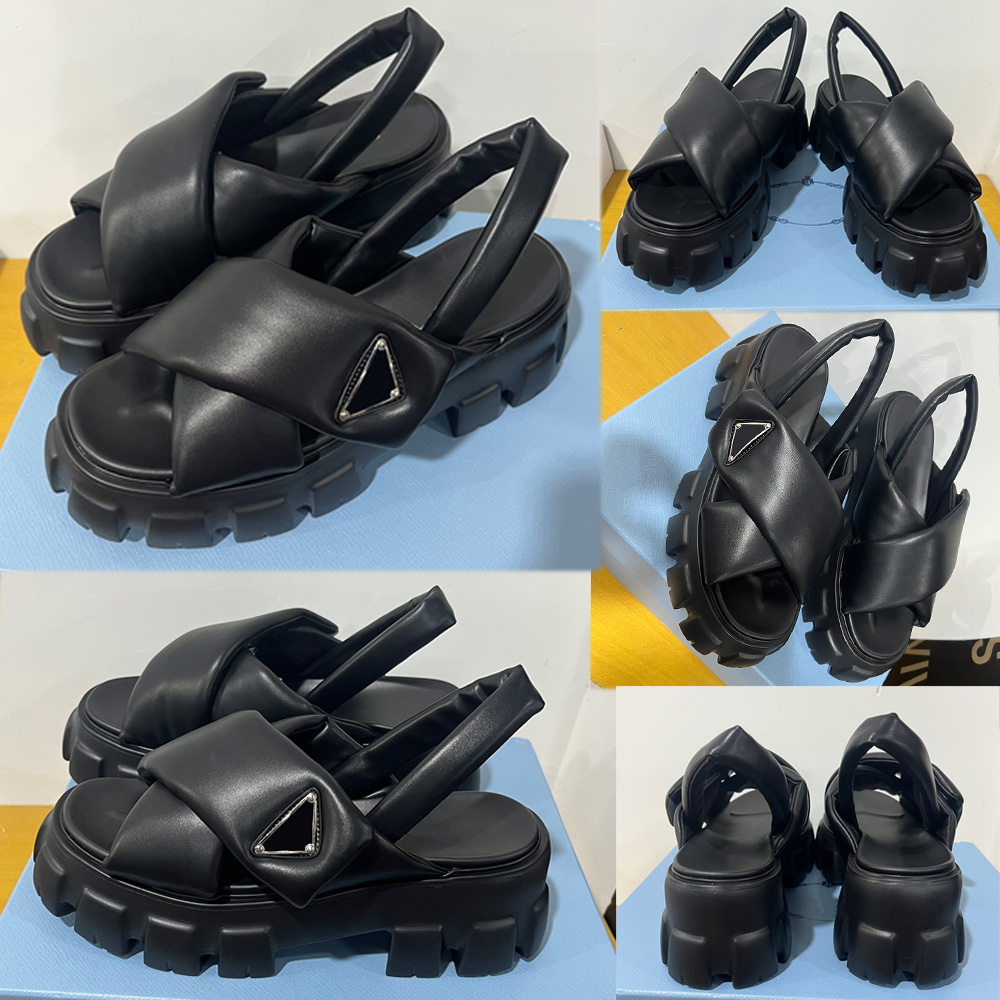 

Monolith padded nappa leather sandals 1X123 Upper with metal triangle logo sandal chunky rubber sole timeless monolithic designer unique innovation style Sandals, Black