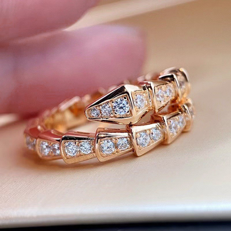 High-end precision carved snake bone ring, unisex open spring design, classic full diamond snake head ring