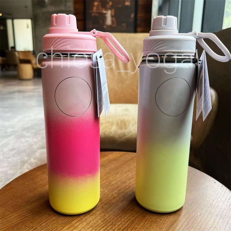 

Hot Selling Gradient Color Double Wall Stainless Steel Insulated Water Bottle With Straw Lid Sports Water Bottle Lulu With Big Logo, 710ml