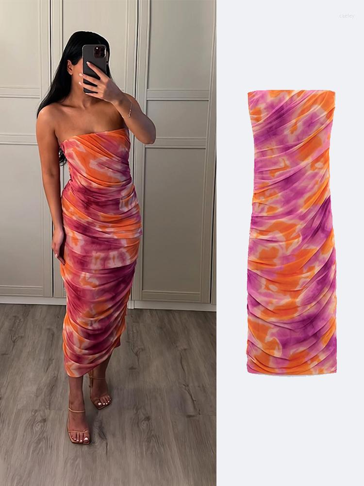 

Casual Dresses Women Midi Dress Tie-dye Tulle Ruched Vintage Strapless Printed Slim Side Zipper 2023 Fashion Female Vestidos, Picture shown