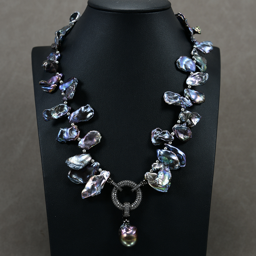 

Beaded Pendant Natural Freshwater Cultured Black Keshi Pearl Necklace Baroque Pearl Pendant CZ Clasp 19" For Women