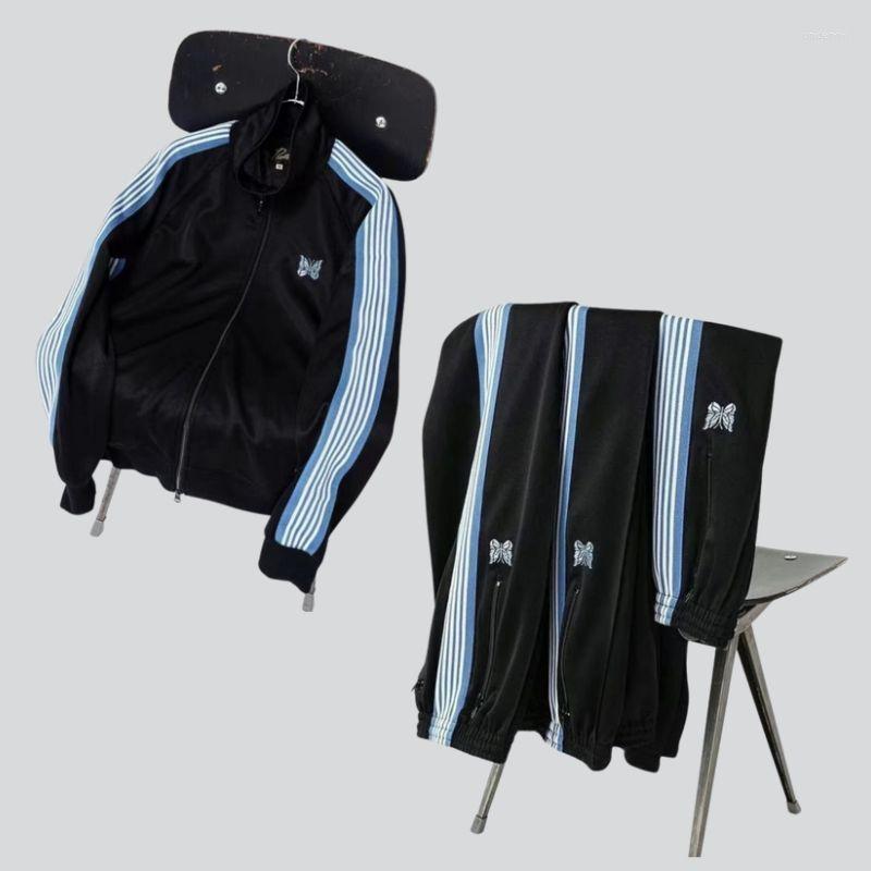 

Men's Pants 23ss Needles AWGE Jackets Blue Butterfly Embroidery Stripes Black Sweatpants Tracksuit For Men Women