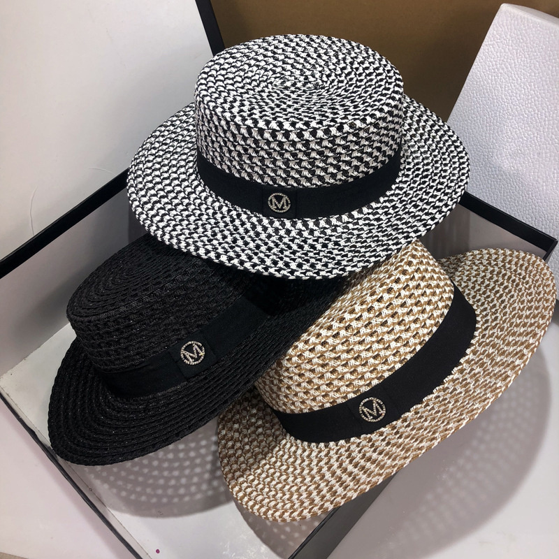 Designer straw hat brand letter cap Summer version of straw hat female summer British hollowed out small fresh flat top hat for vacation sun shad-image-862587452