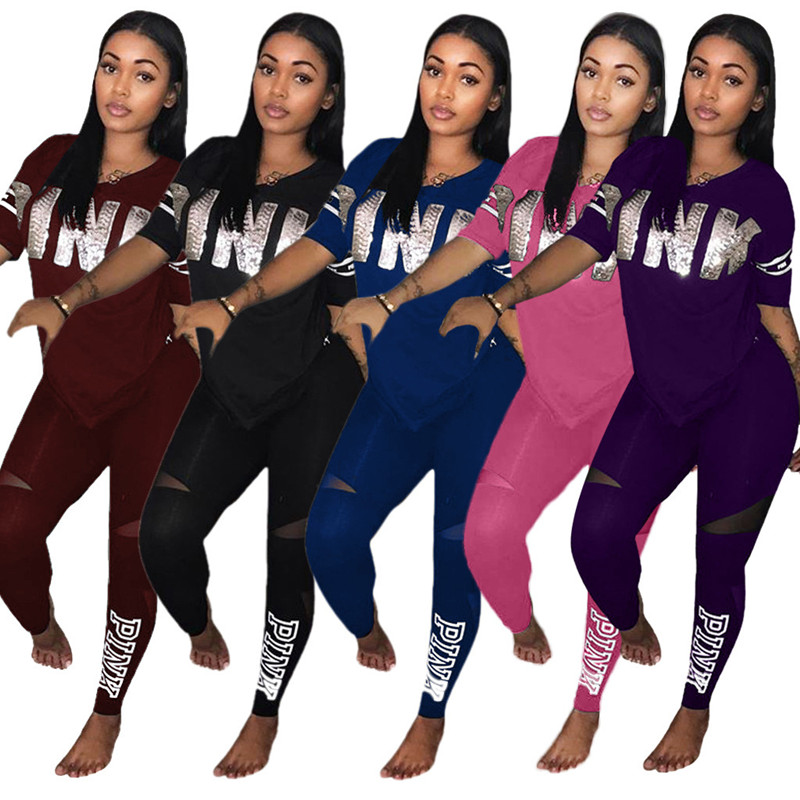 

Designer Pink Letter Print Tracksuits Women Two Piece Set Female Street T-shirt Tops and Jogger Set Track Suit Casual 2pcs Outfits -3XL, Ems